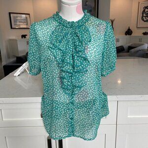 Cream CRKinia SS Puff Floral Button Down Blouse w Front Frill Green & Yel Sz 36